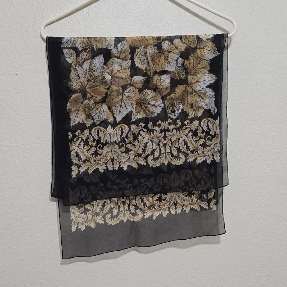 Elegant Black and Gold Leaf Silk,β Made In Italy Pattern Scarf